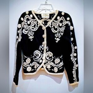 Vintage Lisa Nichols Black Cardigan with Intricate Embroidery